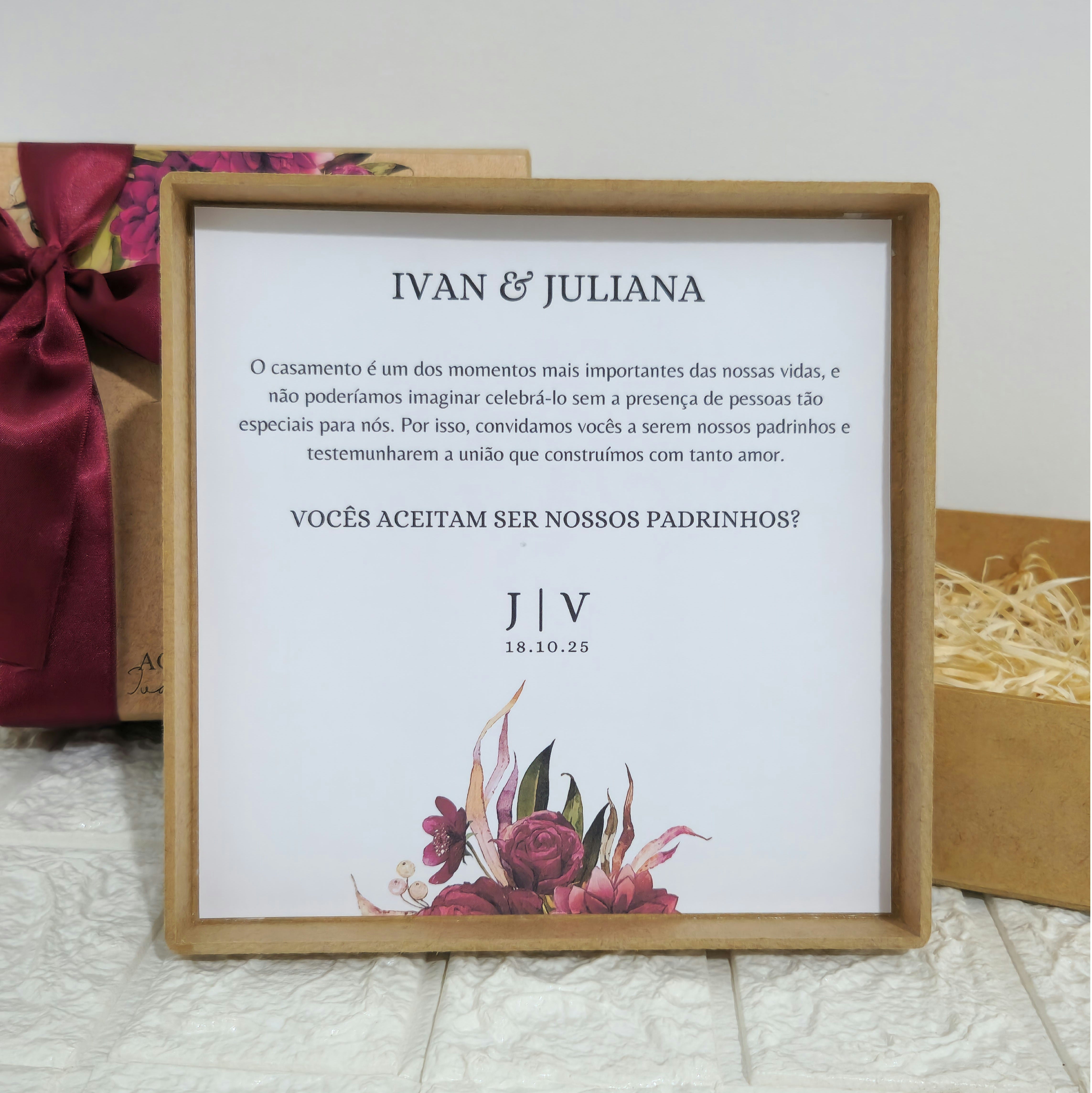 Caixa MDF Personalizada - Convite Padrinhos Casamento - Marsala