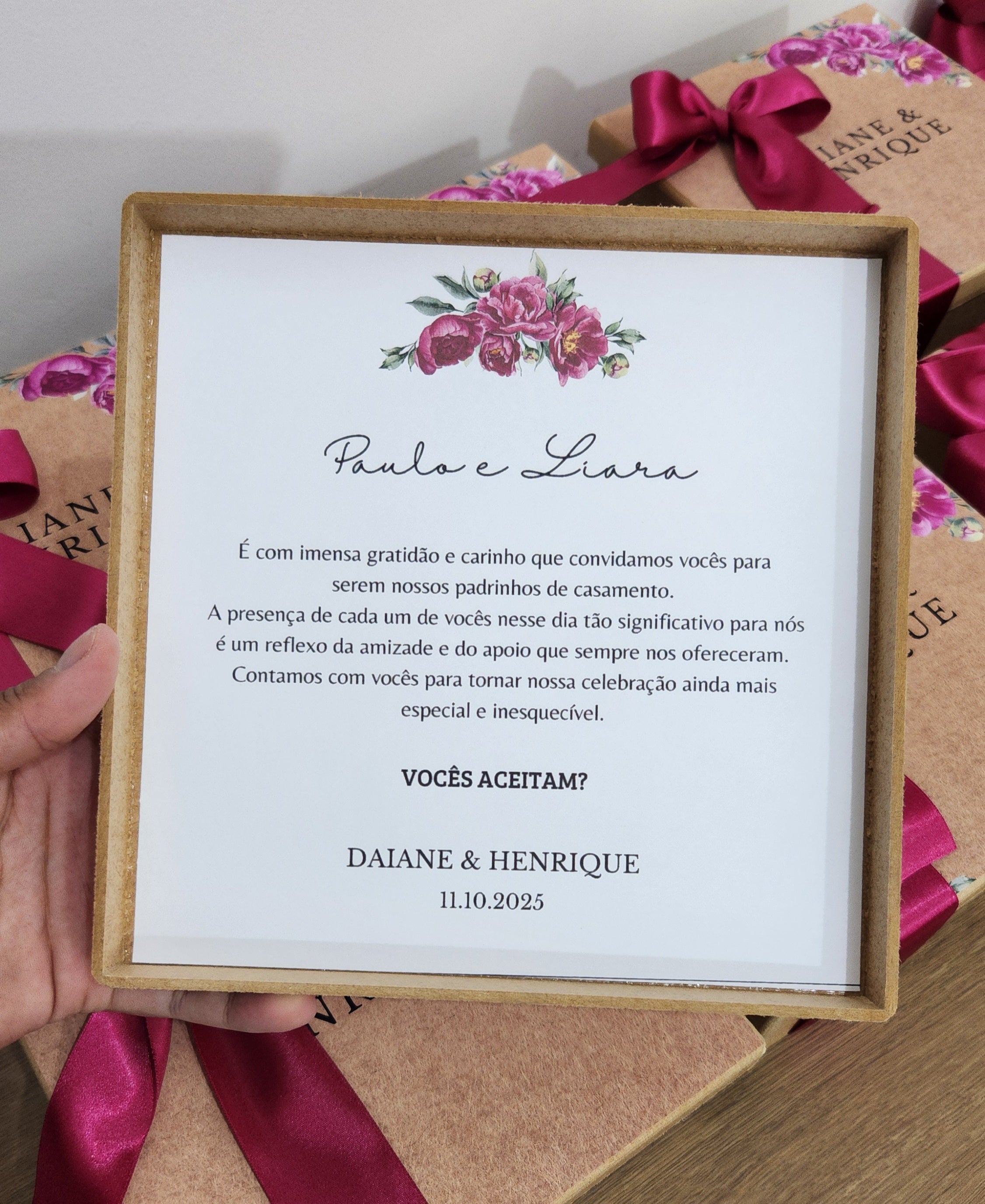 Caixa MDF Personalizada - Convite Padrinhos Casamento - Fúcsia