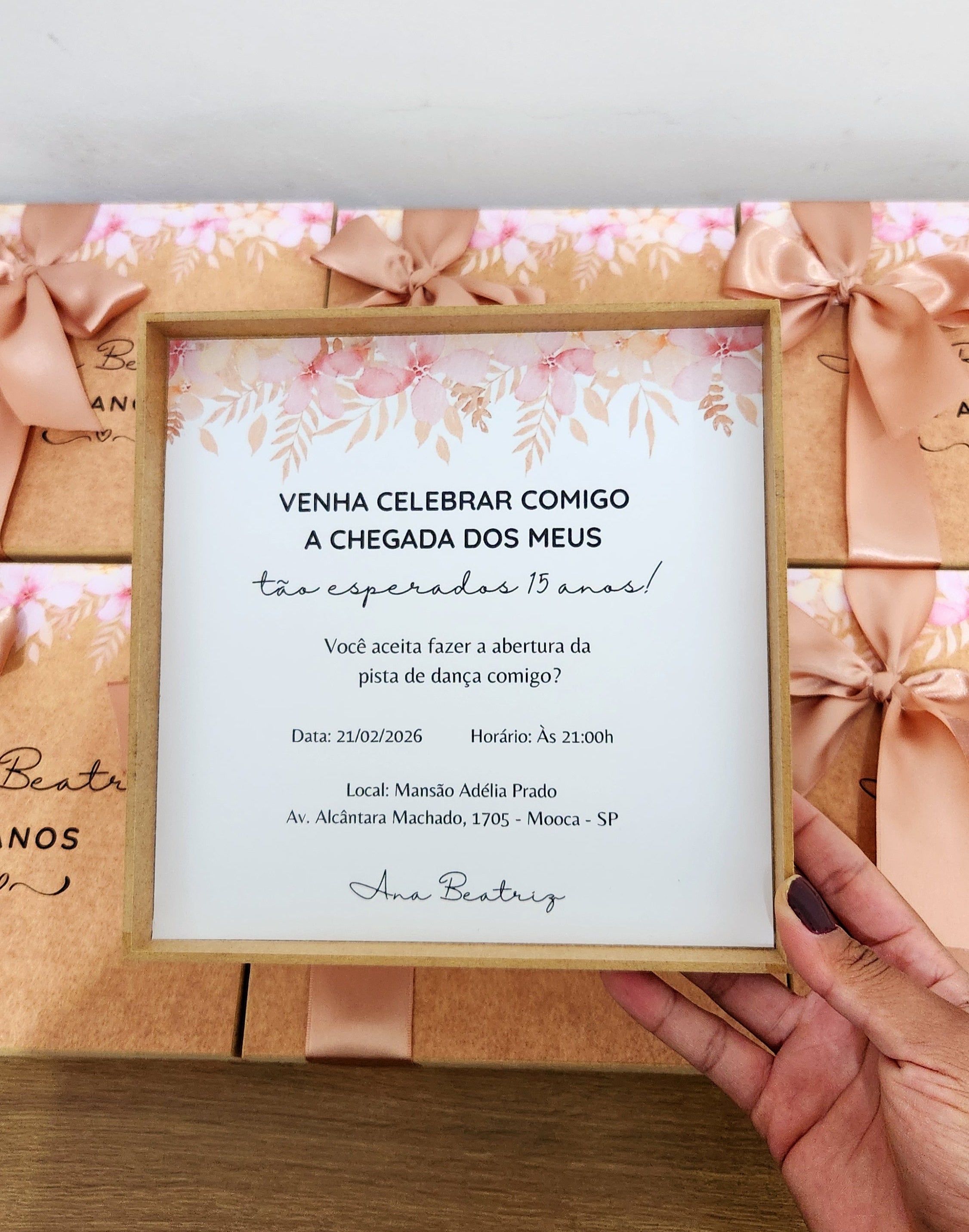 Caixa MDF Personalizada - Convite Aniversário 15 anos - Rosé